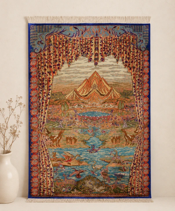 Decorative Kashmiri wall tapestry featuring a scenic landscape with mountains, water, wildlife, and ornate floral borders in vibrant colors.