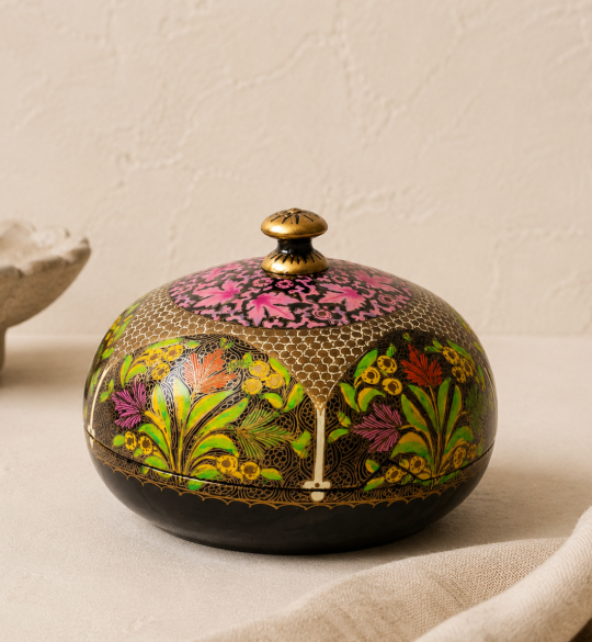 Handcrafted Kashmiri papier-mâché decorative container with floral artwork