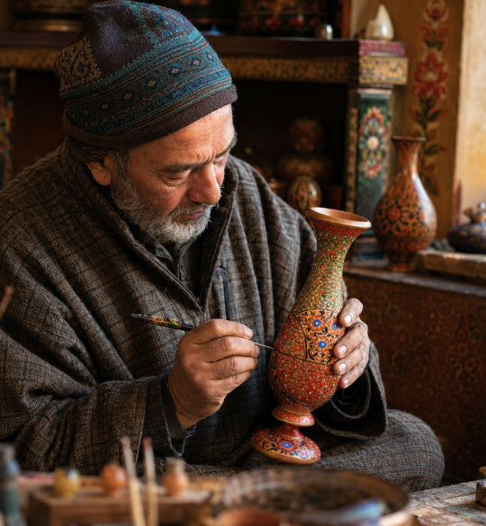 Kashmiri artisan handcrafting traditional decorative artwork