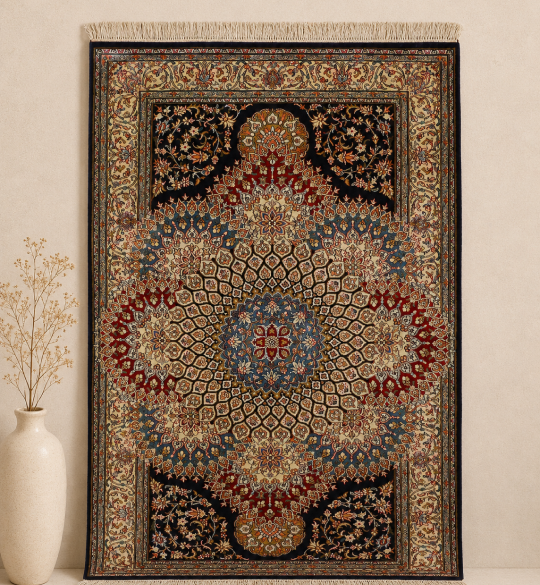 Traditional handmade Kashmiri carpet with intricate woven patterns