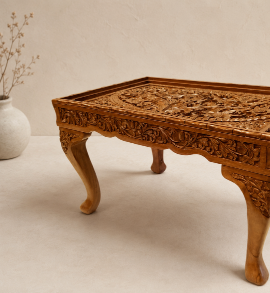 Handcrafted walnut wood table showcasing Kashmiri woodworking craftsmanship