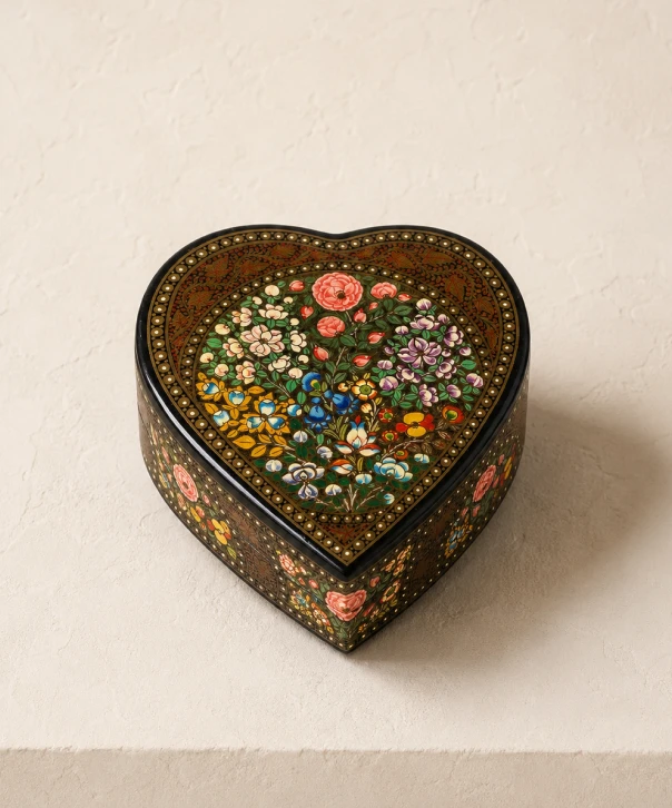 Handcrafted heart-shaped Kashmiri papier-mâché box featuring intricate multicolor floral artwork and detailed hand-painted craftsmanship on a black background.