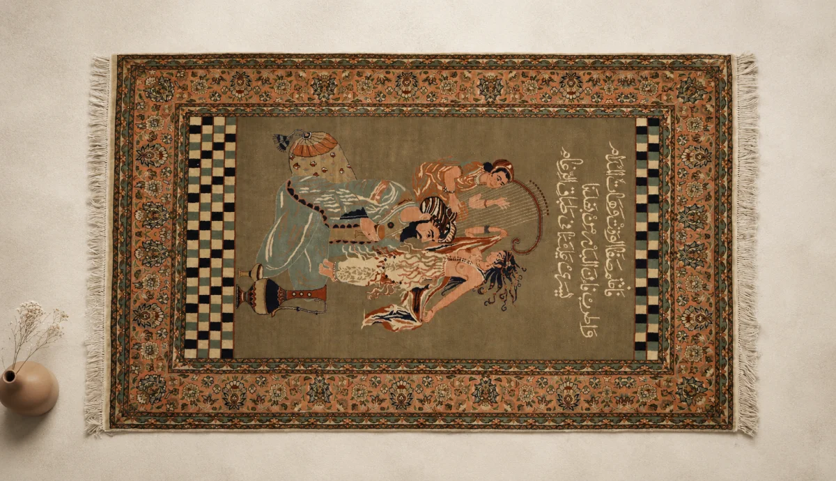 Handwoven Kashmiri decorative rug featuring a central figurative artwork surrounded by intricate floral borders and traditional ornamental patterns.
