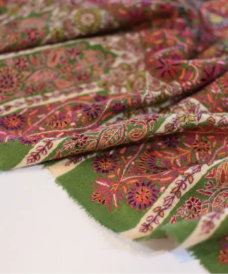 Close-up of the handcrafted Kashmiri Kani shawl highlighting fine woven floral patterns, soft texture, vibrant colors, and detailed craftsmanship.