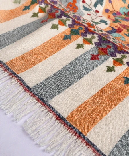 Close-up of the handcrafted Kashmiri shawl featuring colorful floral motifs, striped woven borders, and premium artisan craftsmanship.