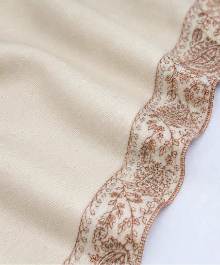 Close-up of the handcrafted Kashmiri shawl highlighting intricate floral embroidery, decorative border detailing, and the soft woven texture.-1