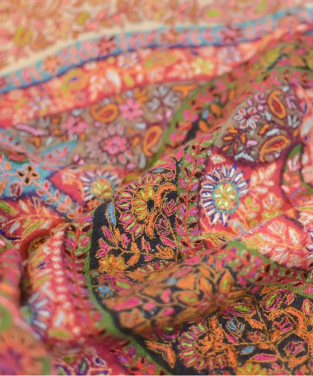 Detailed close-up of the Kashmiri Kani shawl featuring intricate floral motifs, colorful woven borders, and rich artisanal craftsmanship.