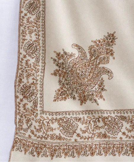 Detailed view of the Kashmiri shawl showcasing elegant floral corner embroidery, finely embroidered borders, and premium artisan craftsmanship.