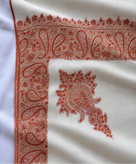 Detailed view of the Kashmiri shawl showcasing finely embroidered paisley borders, floral corner motifs, and premium artisan craftsmanship.