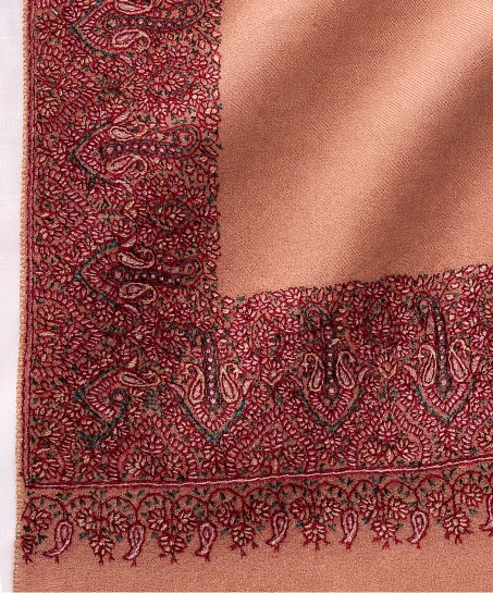 Detailed view of the Kashmiri shawl showcasing finely embroidered paisley motifs, floral patterns, and elegant border craftsmanship.