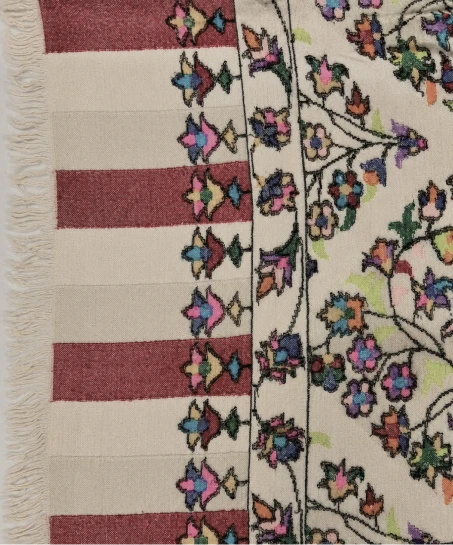 Detailed view of the Kashmiri shawl showcasing floral woven borders, striped accents, intricate craftsmanship, and smooth woven fabric.