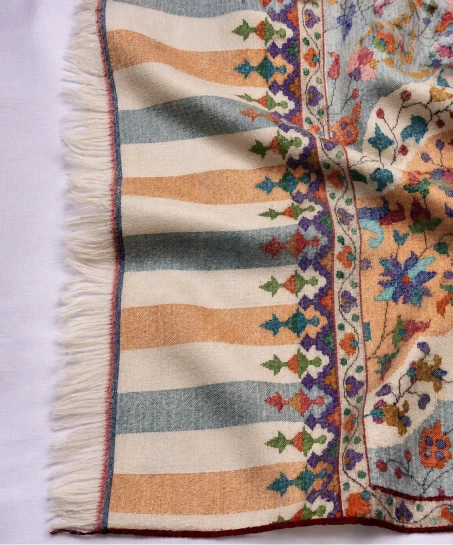 Detailed view of the Kashmiri shawl showcasing multicolor striped borders, floral woven patterns, smooth fabric, and neatly finished fringed edges.