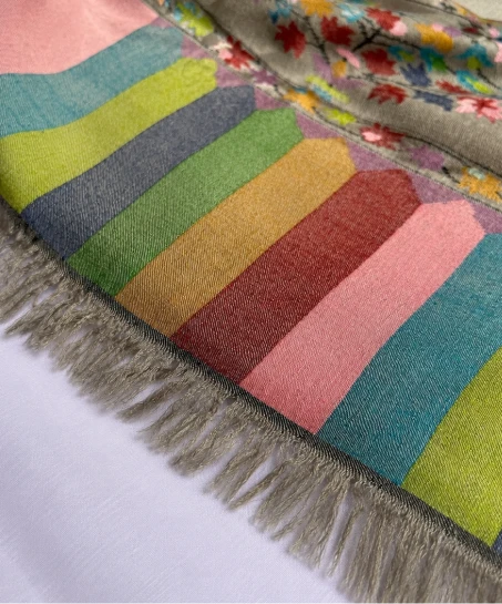 Detailed view of the Kashmiri shawl showcasing vibrant multicolor striped borders, floral woven patterns, smooth fabric, and neatly finished fringed edges.