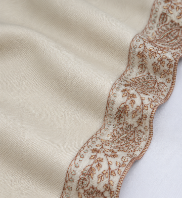 Close-up of the handcrafted Kashmiri shawl highlighting intricate floral embroidery, decorative border detailing, and the soft woven texture.-1