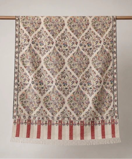 Handcrafted Kashmiri woven shawl displayed flat, featuring a floral lattice design, multicolor woven motifs, decorative striped borders, and finely finished fringed edges.
