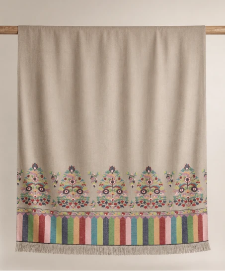 Handcrafted Kashmiri woven shawl displayed flat, featuring a taupe body with floral woven motifs, vibrant multicolor striped borders, and finely finished fringed edges.