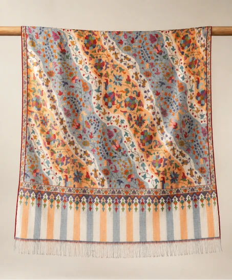 Handcrafted Kashmiri woven shawl displayed flat, featuring an all-over floral pattern, decorative striped borders, vibrant woven detailing, and finely finished fringed edges.