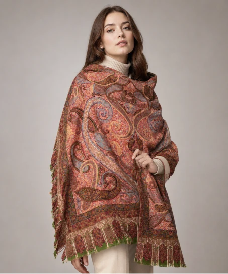 Model wearing a handcrafted Kashmiri Kani shawl featuring intricate paisley motifs, floral patterns, and multicolor woven detailing with tasseled edges.