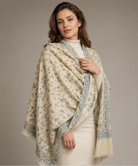 Model wearing a handcrafted Kashmiri embroidered shawl in ivory featuring delicate floral vine embroidery, elegant blue embroidered borders, and a soft woven finish.