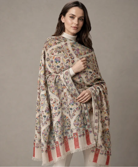 Model wearing a handcrafted Kashmiri woven shawl featuring an all-over floral lattice pattern, multicolor woven motifs, striped borders, and soft fringed edges.