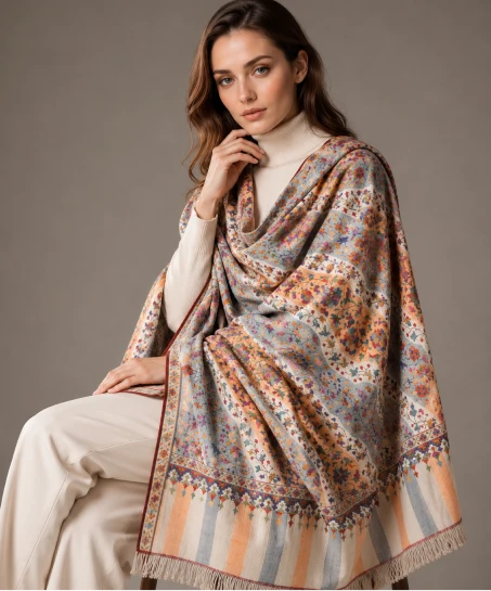 Model wearing a handcrafted Kashmiri woven shawl featuring multicolor floral motifs, decorative striped borders, and soft fringed edges.